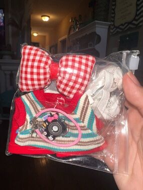 Striped Doll Dress Set with Red Gingham Bow for Labubu